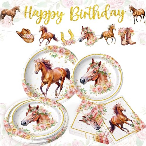 73 PCS Horse Party Napkins and Plates Horse Little Poney Birthday Decor | for Western Cowboy Cowgirl Themed Birthday Party Baby Shower