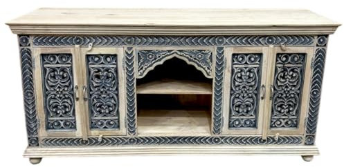 Marrakesch Vintage Lowboard TV Schrank aus Holz 183 cm Breit 97 cm Hoch | Orientalische Möbel TV Board Bank für Wohnzimmer & Schlaffzimmer | Fernsehtisch Fernsehschrank Abiel handgeschnitzt