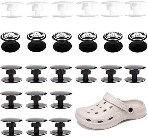Yuiturt 24 pares de botones Crocs de repuesto, remaches de 16 mm y botones de presión, color negro/blanco/cocodrilo, incluye 24 piezas para madre y padre, compatible con sandalias y zuecos estilo
