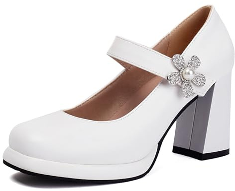 Gicoiz Platform Mary Jane Ladies Round Toe Chunky Heels Wedding Ankle Strap Elegant Block High Heeled Pumps Flower White Size 5-39