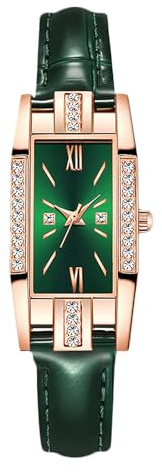 RORIOS Damen Quarz Diamantuhr Rechteckige Uhr mit Lederarmband Mode Wasserfeste Wristwatches Grün