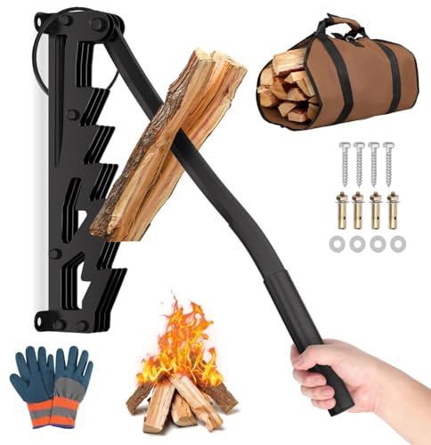 Monucep Spaccalegna manuale, montaggio a parete, spaccalegna manuale, spaccalegna portatile per legni dolci, spaccalegna a mano con sacco di legna da ardere, spaccalegna per interni ed esterni, nero