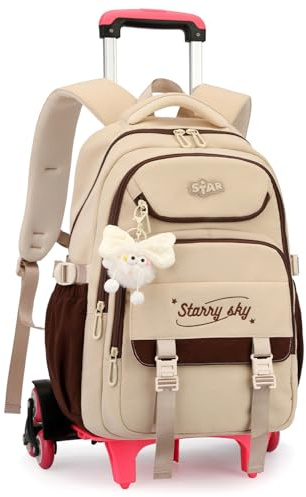 Amythe Schulrucksack Mädchen mit Rollen, 30L Rucksack Teenager Trolley | Schultasche mit 6 Räder für Grundschule Sekundarstufe, Abnehmbar Trolley Lässiger Ranzen, Braun