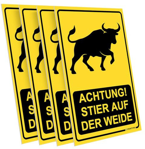 PRINTIMA 4x Schild 21x32 cm ACHTUNG! STIER AUF DER WEIDE – PVC Warnschilder inkl. Schrauben & Dübel – wetterfest für Weidezaun, Tor, Stall & landwirtschaftliche Nutzung