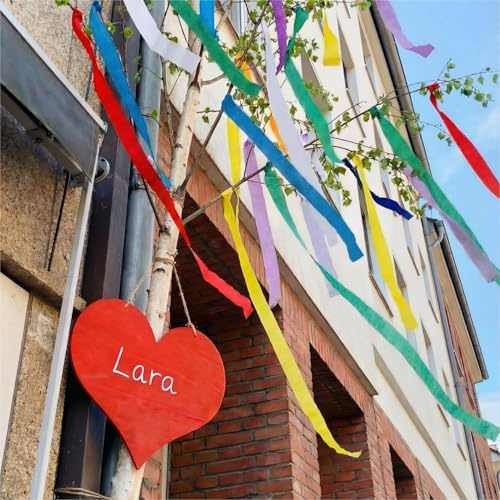 Tenare 9er Set Maibaum Deko 60 m Krepppapierbänder Marker, Regenbogenfarben | Großer Roter Holzherz-Marker und 1 m Hanfseil, 6-Farbige Bunte Krepppapierbänder, Für Hochzeit und Feier, DIY-Geschenk