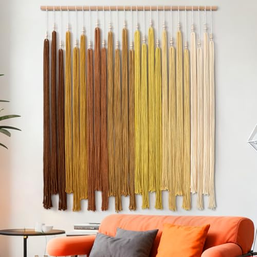 UXORSN Große Makramee Wandbehang Perlen Quaste Wandteppich Boho Wanddeko | Gewebter Baumwollseil Handgewebt Tapisserie, Gelb Farbverlauf, Ästhetische Böhmisches Wand Deko für Schlafzimmer Wohnzimmer