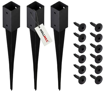 HOLLMAX 3 Stk. Einschlaghülse/Bodenhülse (71 mm), Inkl. Schrauben, pulverbeschichtet, schwarz, für Vierkantpfosten