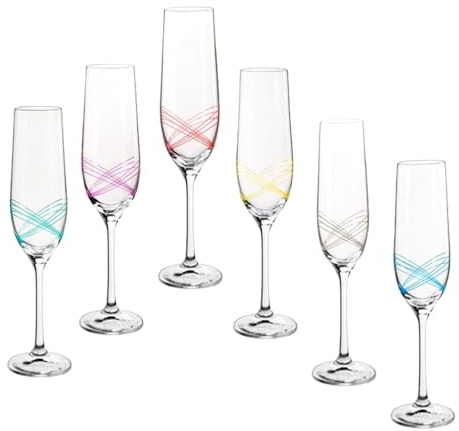Set Di 6 Flûte Da Champagne In Cristallo Di Boemia, 19 Cl, Con Strisce Colorate