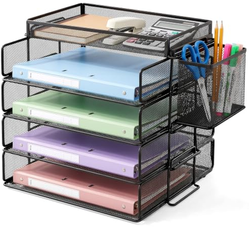 Briefablage A4 stapelbar, 4 Fächer & Stiftehalter, stabil & wackelfrei | für Ordner & Dokumente, Büro, plazsparend, formstabil, Metallablage(schwarz)