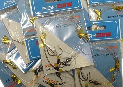 FISHZONE RIG PRO SERIES - 10 Packs of Single Type Commercial Quality CLIPPED RIGS Ready Tied Rigs - For Sea and Shore Fishing (2, 1, 1/0 and 2/0 hook range) (10 Rigs - Clipped - 2 Hooks - Size 2)