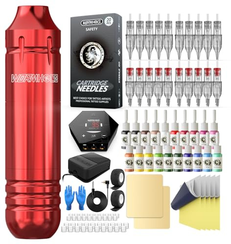 Wormhole Tattoo Rotary Tattoo Pen Kit with Ink, Cartridge Needles & Accessories (WTK012-A Red)