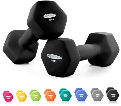 ACTIVE FOREVER Dumbbells 2×10kg, Set of 2, Hex Dumbbells Pair, Neoprene Waterproof Non-slip Dumbells Set (Black)