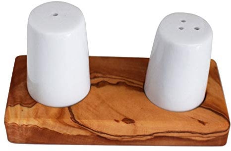 Salière et poivrière Albert en céramique avec socle en bois, saupoudreuse en bois d'olivier 4 cm, fait à la main, saupoudreuse en porcelaine pour sel et poivre, ustensile de cuisine