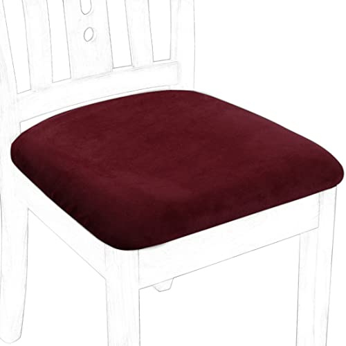 PiccoCasa Dining Chair Seat Covers with Ties, Velvet Soft Chair Seat Cover Stretchable - Dining Chair Covers for Kitchen Wedding Hotel, Removable Washable Burgundy Chair Covers Set of 4