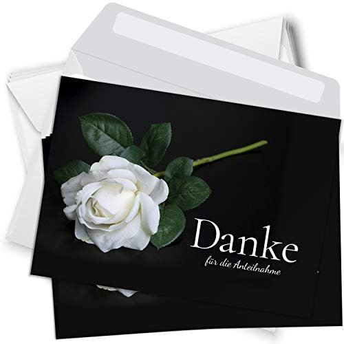 Trauer Danksagungskarten mit Umschlag | Motiv: Rose weiß, 10 Stück | Dankeskarten DIN A6 Set | Trauerkarten Danksagung Danke sagen