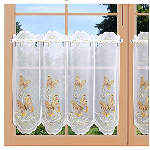 Bestickte Scheibengardine Kurzstore Lorena mit Schmetterling Scheibenhänger aus Plauener Spitze 45 x 64 cm