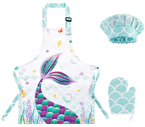 WERNNSAI - Delantal de sirena, conjunto – delantales de artistas de cocina para niños y niñas, babero con bolsillo con correa ajustable, sombrero de chef y mitones para cocinar pintura (pequeño, 6-10