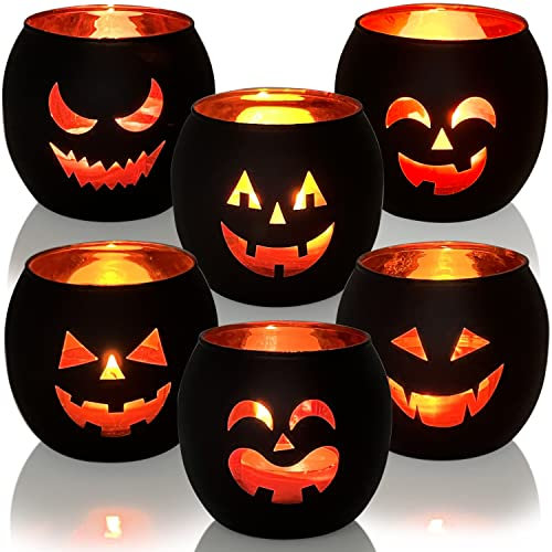 SHMILMH Lot de 12 bougeoirs d'halloween en Verre Noir et doré avec 6 Grimace, photophores en Vrac pour Centre de Table, décoration de la Maison