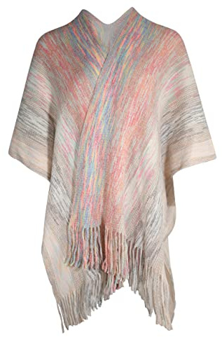 ZLYC Femmes Hiver Ouvert Cape Chaud Poncho Garniture à Franges(Space Dyeing Beige),Taille Unique