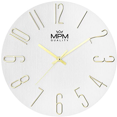 MPM Quality Design Wanduhr, Weiß/Gold, Datum-Anzeige, 3D Ziffern, präzises Quarz-Uhrwerk, ∅ 305 mm, Moderne Wand-Deko für Wohnzimmer, Schlafzimmer oder Büro