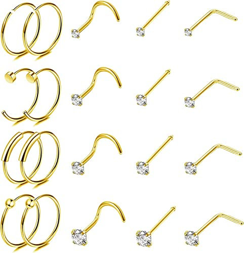 JeweBella 20 Stück Nasenpiercing Ring Nasenstecker für Damen Herren Chirurgenstahl Klein L-Form Nasenstecker Nostril Piercing Nase CZ Nasenringe Septumringe für Frauen Silber/Gold 18G 20G 22G
