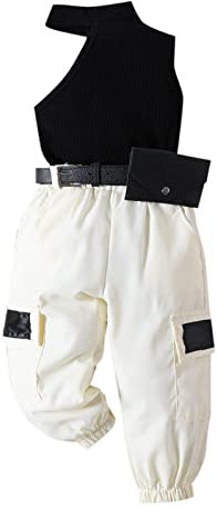 Babykleidung Kinder Kleinkind Mädchen Sommer Baby Bekleidungsset Kleinkind Mädchen ärmellose gerippte Oberteile Weste und Taschen Cargohose Gürtel Gürteltasche Outfits (White, 12-18 Months)
