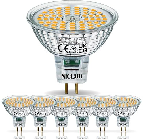 NICEOO GU5.3 LED Lampe Warmweiss 3000K 6.5W Ersetzt 55W 650 Lumen MR16 Halogen Leuchtmittel, Flimmerfrei AC/DC 12V Energiesparlampen Abstrahlwinkel 120° Birnen, Nicht Dimmbar Glühbirnen, 6er-Pack