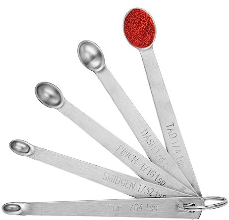 COMNICO 5PCS Mini Measuring Spoon Heavy Duty Stainless Steel Small Teaspoon Micro Mg Scoop 1/64, 1/32, 1/16, 1/8, 1/4 TSP for Home Kitchen Cooking Dry Liquid Ingredients,Fits in Spice Jar(Silver)