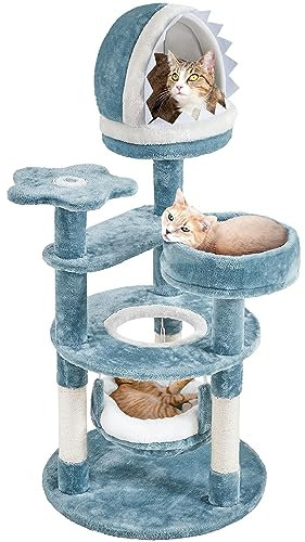 costoffs Ocean-themed Cat Play Tower Cat Tree, Multi-Level Scratching Tree with Shark's Mouth-shaped Nest, Starfish-shaped Perch, Hammock for Indoor Cats Play & Rest