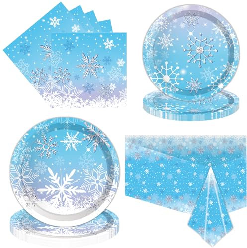 Snowflake Party Supplies Winter Wonderland Tableware Kit Christmas Snow Plates Napkins Tablecloth for Blue and White Snowflakes Birthday Party Supplies Serves 16