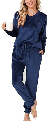 Vlazom Women Pyjamas,Soft Warm Fleece Pjs Sets Fluffy Loungewear Set Long Sleeve Tops and Pants Sleepwear with Pockets C-Navy,XL