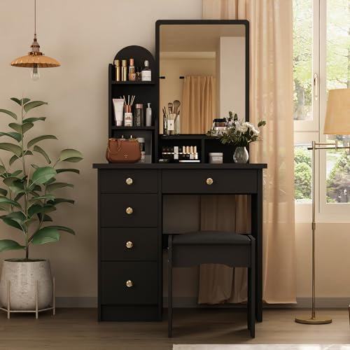 PREMTURE Toeletta Con 5 Cassetti, Specchio, Mensole Aperte e Sgabello - Angolare, Nero, 80 x 40 x 140 cm