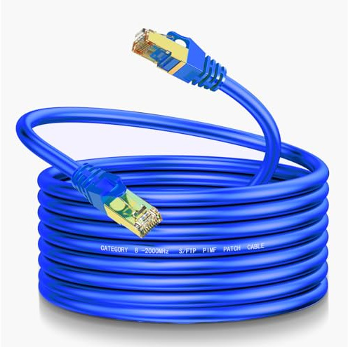 Cat8 Ethernet Cable 50Ft, Round S/FTP Shielded Heavy Duty High Speed Internet Cable, 40Gbps 2000MHz Outdoor & Indoor LAN Network Cord, Pre-Terminated with RJ45 Connectors + Free Cable Clips – Blue