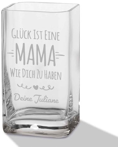 GRAVURZEILE Blumenvase mit Gravur - Glück ist eine Mama - Personalisiert mit Namen - Moderne Vase aus Glas für Blumen - Personalisierte Geschenke für Frauen - Deko Geschenkidee zum Muttertag - 20x11cm
