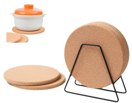Cork Mats for Hot Pans Dishes with Holder, Cork Table Mats Trivets Hot Pan Stands for Worktops, Round Heat Proof Place mats for Table, 5 Pack