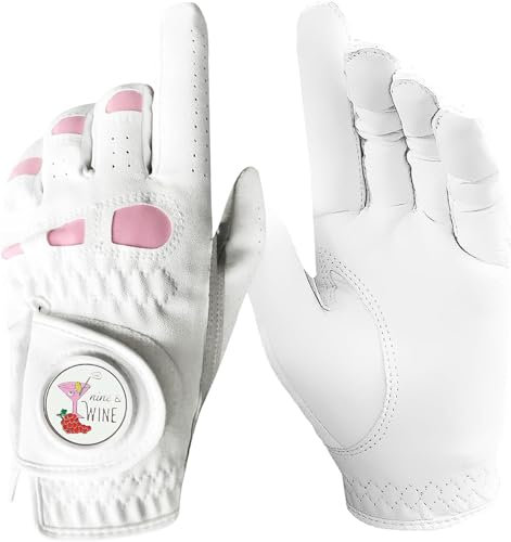 Golf Handschuhe Damen Frauen Linke Hand Rechts mit Extra Mode Ball Marker 1-Pack, Leder Golf Handschuh für Links Rechtshänder Golfer Allwetter für Mädchen Verbesserter Grip Sport (Weiß, S, Links)