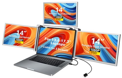 HUIOP Pantalla de expansión para computadora portátil de 14 Pulgadas Monitor portátil de Pantalla cuádruple 1080P FHD Controlador de diseño Giratorio y Plegable Instalación rápida con 1 Cable para 3