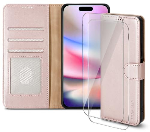 PIXFAB Case for iPhone 16 Pro with 2 x Screen Protector Tempered Glass, Leather Wallet Phone Case, Magnetic Book Flip Folio Cover [RFID Protection & Card Slots] and [Kickstand] - Rose Gold