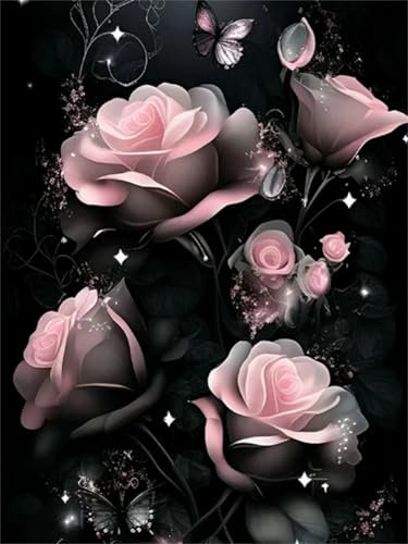 fghgbf Schwarze rosa Rose 5D Diamond Painting Set Diamond Painting Bastelset Square Drill für Erwachsene Diamant Malerei für Wohnzimmer und Schlafzimmer Wanddeko 20x50cm