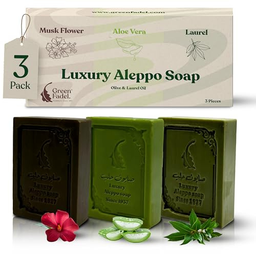 GREEN FADEL Aleppo Seife Luxury Set Moschus, Aloe Vera, Lorbeer | Olivenölseife, 3x ca. 100 g, Naturseife, handgemacht, mit Lorbeeröl, für Gesicht, Körper und Hände, plastikfrei verpackt