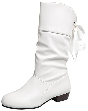 Stivaletti piatti da donna larghi alla moda da donna in tinta unita plissettati in pelle con fiocco posteriore tacco spesso stivali da cowboy, bianco, 39 EU