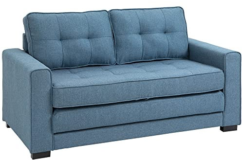 HOMCOM Canapé Convertible 2 Places canapé-lit avec Dossier capitonné, Coussins et Matelas Pliable au Sol, canapé en Tissu Effet Lin pour Salon, Chambre d'amis, 147,5 x 75 x 85 cm, Bleu