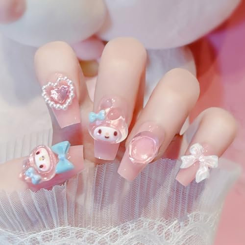 24Pcs Press On Nails, Kawaii 3D Cartoon False Nails, Nude Pink Coffin Fake Nails with Cute Pearl Bow, Full Cover Acrylic Reusable Stick ons