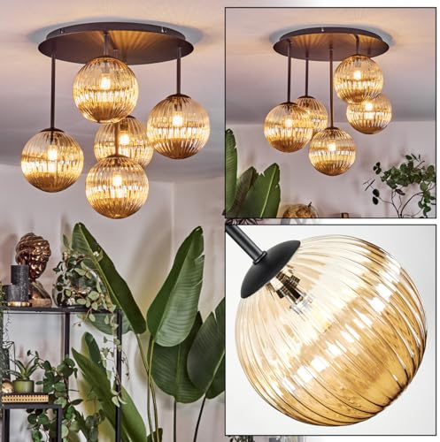 HOFSTEIN Deckenleuchte Chehalis, 5-flammige Deckenlampe aus Metall/Riffelglas in Schwarz/Bernstein, Leuchte im Retro/Vintage-Design (Schirme Ø 15 cm), G9, Esszimmer, Wohnzimmer, Schlafzimmer, Küche