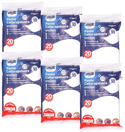 Panno Catturapolvere, 120 Panni 30x50 cm (6 confezioni da 20), Efficace per pulizia casa, superfici e pavimenti, intrappola, cattura e trattiene la Polvere, elettrostatici, trama 3D per spolvero.
