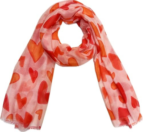 Herz Schal aus Seidenmischung mit Heart Muster Tuch Sommer Frühling Herbst Halstuch Stola Tuch Übergangsschal Baumwolle Love Liebe (Rot)