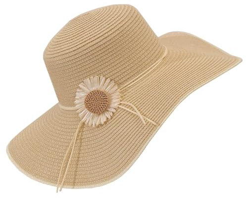 Happyupcity Chapeau de paille à large bord pour femme - Chapeau de soleil pliable avec sangle de tournesol - Chapeau de plage enroulable de voyage (beige), beige, Taille unique
