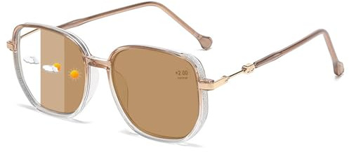 Lanomi Selbsttönend Lesebrille Blaulichtfilter Herren Damen Polygon Photochromic Sonnenbrille Groß UV Schutz Brille mit sehstärke Braun oben Transparent unten Lesebrille/Selbsttönend Braun 3.0