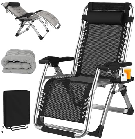 CYHWQ Liegestuhl Klappbar, Reclining Garden Chairs, 200 Kg Belastbar, Verstellbare RüCkenlehne, Mit Kissen und Becherhalter, Gartenliege Klappbar für Garten, Strand, Pool, Balkon