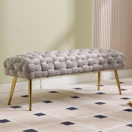DAYALANE Sitzbank Samt Polsterbank mit vergoldeten Metallbeinen Bettbank Gewebtes Design Schlafzimmer Sitztruhe Flur 120cm,Grau